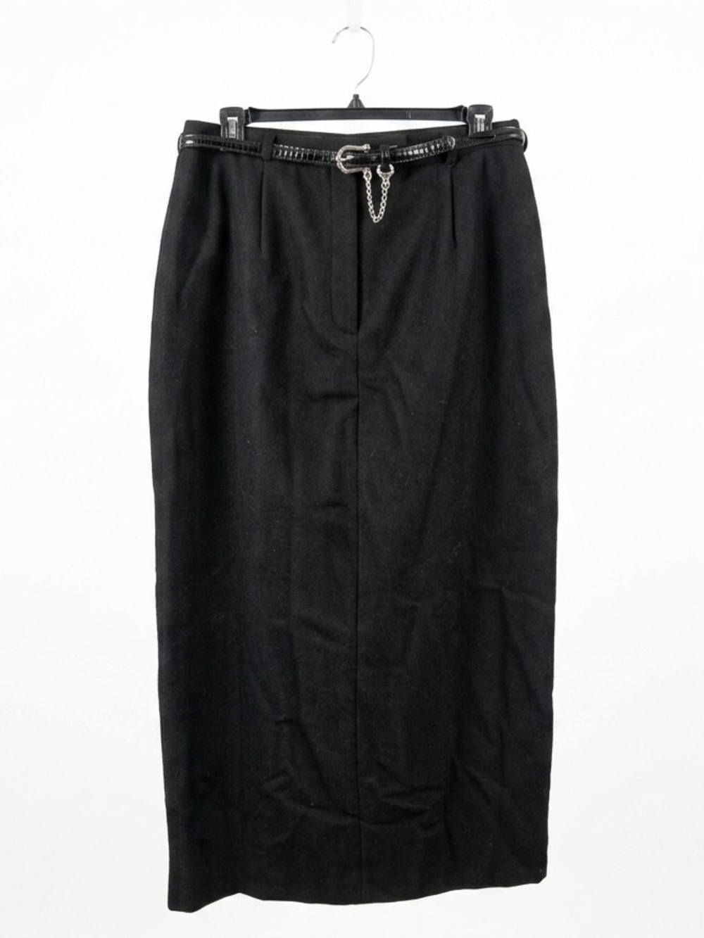 Sag Harbor Black High-Waist Pencil Skirt with Chain-Detail Belt. 100% wool